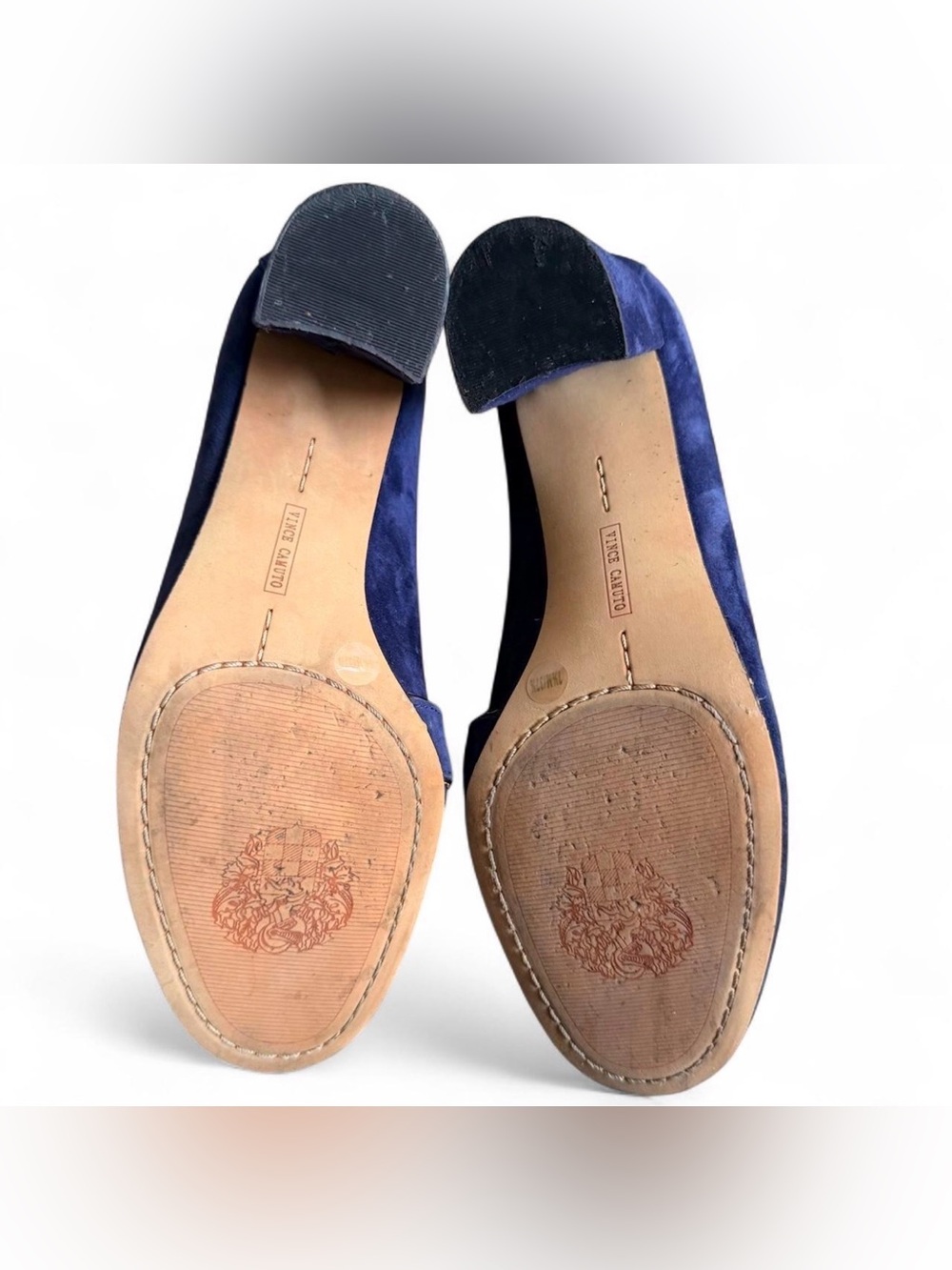 Vince Camuto Navy Suede Block Heel Pumps with Gold Accent - Picture 3 of 8
